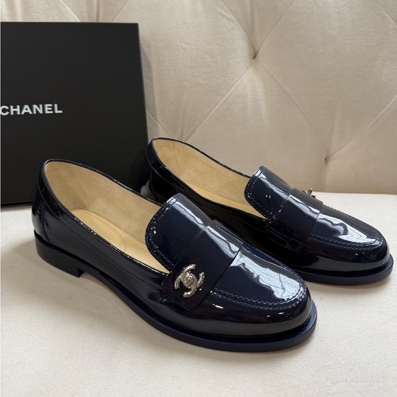 CHANEL Shoes - CHANEL Navy Blue Patent Leather Loafers size 39